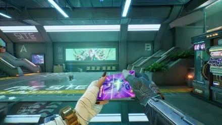 A vibrant 4K Ultra HD desktop wallpaper featuring a character from the video game FragPunk, holding a glowing purple card in a futuristic, high-tech environment.