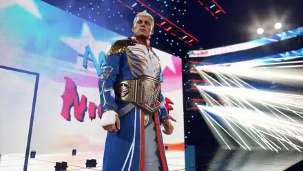 A dynamic scene from WWE 2K25 featuring a character in a striking costume and championship belt, set against a vibrant backdrop of lights and colors. HD wallpaper for PC.