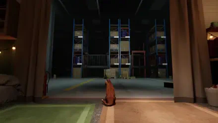 A captivating HD wallpaper for PC featuring a cat in a dimly lit space, surrounded by towering storage shelves, inspired by the video game Order 13.