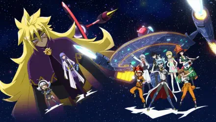An HD wallpaper featuring characters from Yu-Gi-Oh!: Go Rush!! set against a cosmic backdrop, showcasing vibrant colors and dynamic poses.