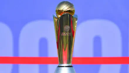 A close-up view of the ICC Champions Trophy, showcasing its gleaming golden design. This 4K Ultra HD image serves as a dynamic background for cricket enthusiasts.