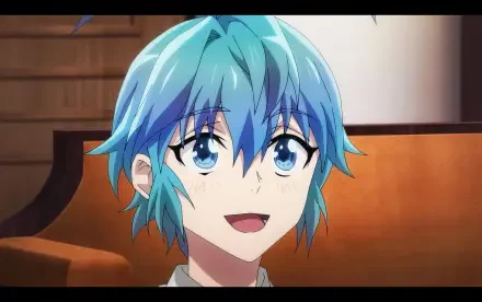 A vibrant HD wallpaper featuring a character from A Returner's Magic Should Be Special, showcasing their cheerful expression and striking blue hair.