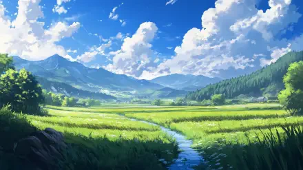 A serene anime landscape featuring lush green fields, a gentle stream, and majestic mountains under a bright blue sky with fluffy clouds. A vibrant HD wallpaper for summer.