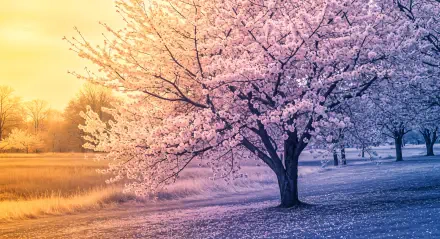 A serene cherry blossom tree stands gracefully against a golden sunset, creating a tranquil atmosphere in this vibrant 4K Ultra HD desktop wallpaper.