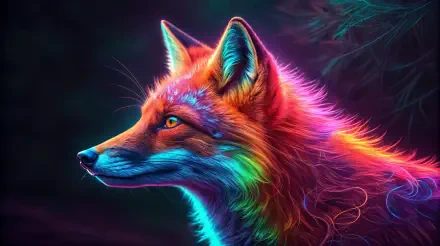 A vibrant red fox with a rainbow-hued coat against a dark background, crafted as a stunning 4K Ultra HD PC desktop wallpaper and background.