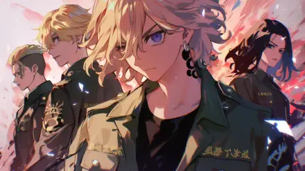 A vibrant HD desktop wallpaper featuring characters from Tokyo Revengers, including Mikey Manjiro Sano and Ken Ryuguji, set against a dynamic backdrop.