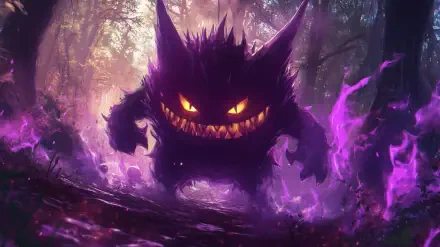 A captivating HD background featuring Gengar, the purple monster from Pokémon, emerging menacingly from a mystical forest, surrounded by swirling purple energy.