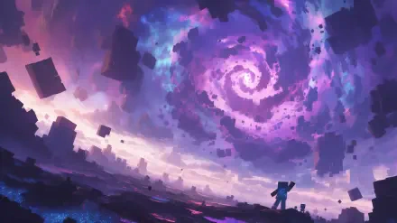 A vibrant Minecraft-themed HD desktop wallpaper featuring a swirling purple portal against a dramatic sky, with a lone character silhouetted in the foreground.