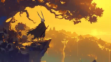 A stunning HD wallpaper featuring a character from the video game Hollow Knight and its sequel Hollow Knight: Silksong, set against a dramatic sunset landscape.