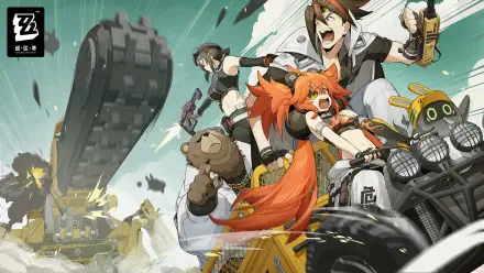 Dynamic HD wallpaper from Zenless Zone Zero featuring Koleda Belobog, Anton Ivanov, Ben Bigger, and Bangboo in an action-packed scene with vibrant colors and energy.