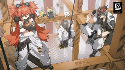 HD wallpaper featuring characters Koleda Belobog, Anton Ivanov, Ben Bigger, and Bangboo from Zenless Zone Zero, set against a dynamic construction site backdrop.