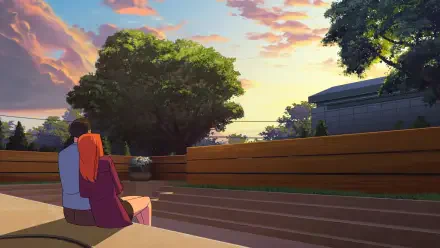A serene scene from the TV show Invincible, featuring two characters sitting together, overlooking a vibrant sunset and a lush landscape, perfect for a stylish HD desktop wallpaper.