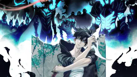 4K Ultra HD Solo Leveling wallpaper featuring Sung Jin-Woo with dark, shadowy figures in the background and a glowing blue aura surrounding them.