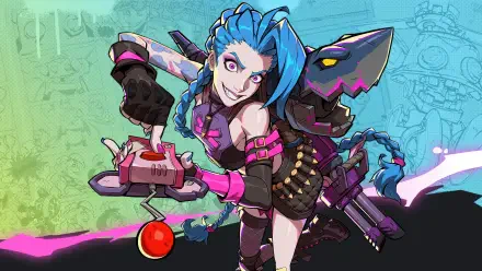 A dynamic 4K Ultra HD wallpaper featuring Jinx from League of Legends, showcasing her vibrant blue hair and playful expression while holding a game controller.