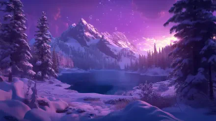 A serene fantasy landscape featuring majestic snow-capped mountains, a tranquil lake, and a vibrant purple sky, creating an enchanting HD wallpaper for desktop backgrounds.