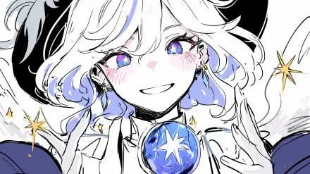 A vibrant HD desktop wallpaper featuring Furina from Genshin Impact, showcasing her cheerful expression, white anime aesthetic, and captivating blue eyes surrounded by sparkling stars.