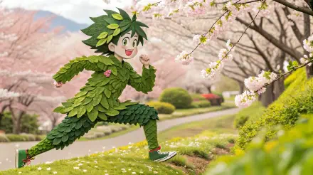 A vibrant anime character made of leaves joyfully runs through a picturesque park adorned with blooming cherry blossoms, creating a lively spring scene in this 4K Ultra HD wallpaper.