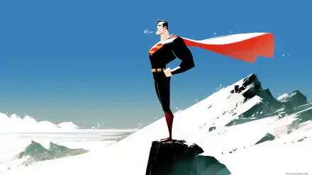 A bold Superman stands confidently on a snowy peak, cape billowing in the wind against a clear blue sky, serving as an inspiring HD desktop wallpaper and background.