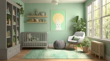 A serene kids' room featuring mint green walls, a crib, cozy seating, potted plants, and playful artwork, designed as a 4K Ultra HD desktop wallpaper.