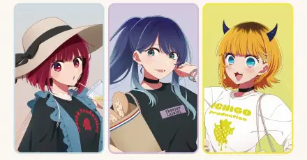 HD PC desktop wallpaper of three anime portraits from Oshi no Ko: Akane Kurokawa in a sunhat, Mem-Cho (Oshi no Ko) with dark hair holding a folder, and cheerful Kana Arima with tiny horns.