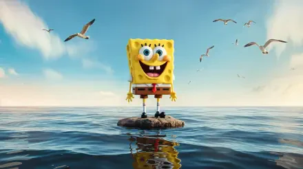 SpongeBob SquarePants stands joyfully on a rock in the ocean, surrounded by seagulls, against a vibrant sky. This image is a stunning 4K Ultra HD PC desktop wallpaper.