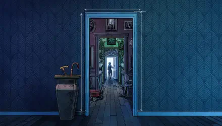 A captivating HD wallpaper featuring a doorway framed in rich blue tones, revealing a mysterious hallway and a figure in the distance, inspired by the video game Blue Prince.