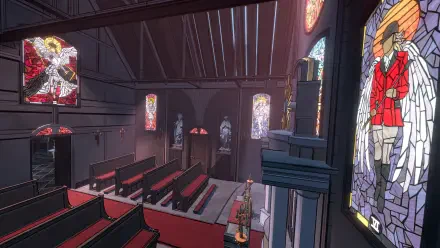 A captivating 4K Ultra HD wallpaper featuring an intricate video game scene from Blue Prince, depicting a stylized interior of a church with stained glass and elegant architecture.