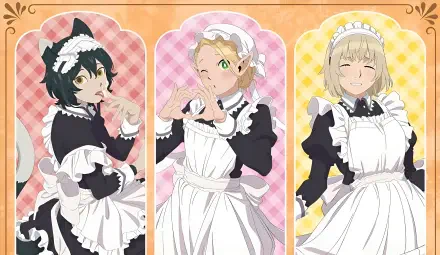 Anime-style 4K Ultra HD wallpaper featuring Marcille Donato, Falin Touden, and Izutsumi from Delicious in Dungeon dressed in maid outfits with pastel backgrounds.