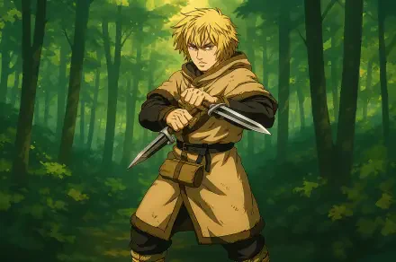 Thorfinn from Vinland Saga stands in a lush green forest, wielding two swords, showcasing a determined expression. This 4K Ultra HD wallpaper captures the intensity of the anime.