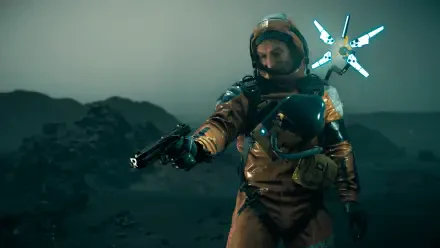 A character in an orange spacesuit, holding a gun, stands on a rocky landscape in the 4K Ultra HD wallpaper for *Death Stranding 2: On The Beach*, evoking a sense of tension and adventure.