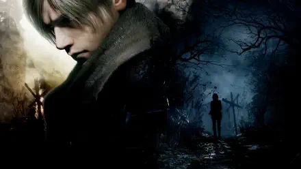 Resident Evil 4 (2023) 4K Ultra HD PC wallpaper featuring a close-up of Leon in dark tones with a shadowy figure in a gloomy forest background.
