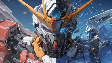 4K Ultra HD Gundam illustration showing a close-up of a dynamic, battle-damaged mecha with glowing blue eye and detailed mechanical features against a clear sky background.