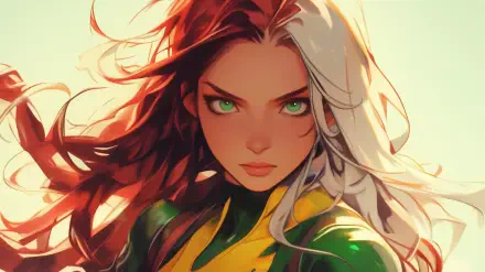 A vibrant HD wallpaper featuring Rogue from X-Men, depicted as an anime girl with striking green eyes and flowing hair, capturing her dynamic and fierce presence.