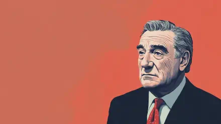 A stylized illustration of Robert De Niro, featuring his serious expression against a vibrant orange background, designed for desktop wallpaper use.