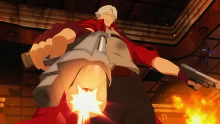 Dante from Devil May Cry stands confidently, aiming a gun with a fiery background. This 4K Ultra HD wallpaper captures the action-packed essence of the anime.
