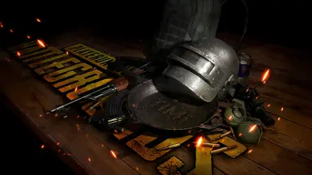 A detailed 4K Ultra HD wallpaper featuring iconic gear and weapons from Playerunknown's Battlegrounds, set against a textured surface with dynamic lighting effects.