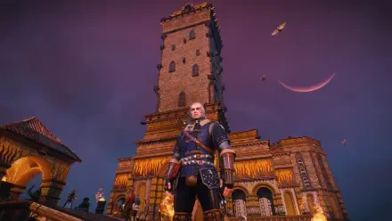 A stunning HD wallpaper from The Witcher 3: Wild Hunt - Blood and Wine, featuring Geralt in front of an ornate tower against a vibrant purple sky.