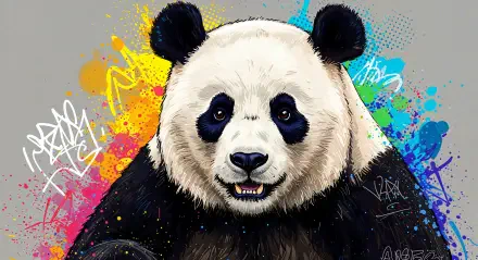 A vibrant 4K Ultra HD desktop wallpaper featuring a realistic panda against a colorful, graffiti-inspired background, showcasing its playful expression and distinctive markings.
