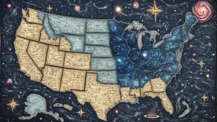 Colorful map of the United States, featuring detailed states against a starry background, designed as a high-definition desktop wallpaper and background.