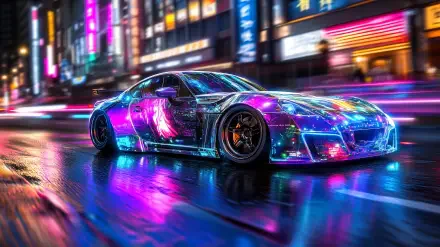 A sleek, futuristic car illuminated by vibrant neon lights races down a wet city street, capturing the thrilling essence of Need For Speed in this HD wallpaper.
