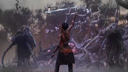 A character from the video game South of Midnight stands confidently, wielding a staff against a backdrop of twisted trees and mysterious creatures, showcasing a captivating 4K Ultra HD scene.