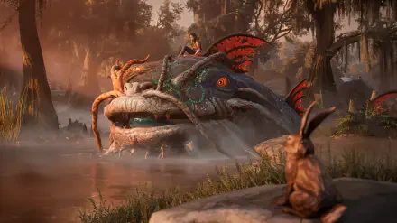 A fantastical scene from the video game South of Midnight, showcasing a giant creature in a misty swamp, with a character on its back and a rabbit watching nearby. 4K Ultra HD quality.