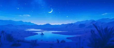 A serene anime landscape features an oasis in a desert under a starry sky, with mountains and a calm river illuminated by a crescent moon, making for a captivating HD wallpaper.