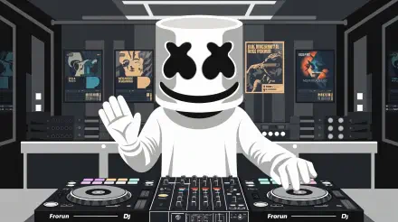 Colorful 4K Ultra HD wallpaper featuring Marshmello, the DJ, in a stylized studio setting, mixing music and waving, surrounded by posters of classic tracks.