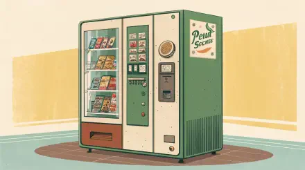 Illustration of a green vending machine displaying various snacks and beverages, set against a simple background. This 4K Ultra HD image serves as a vibrant desktop wallpaper.