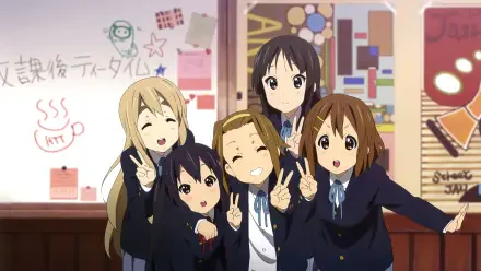 K-ON! 4K Ultra HD PC desktop wallpaper/background: five cheerful schoolgirls in uniforms pose with peace signs in a colorful music clubroom.