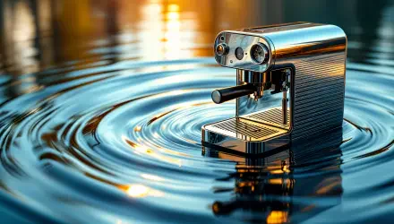 A sleek coffee machine stands in rippling water, captured in stunning 4K Ultra HD detail, creating a striking and modern desktop wallpaper.