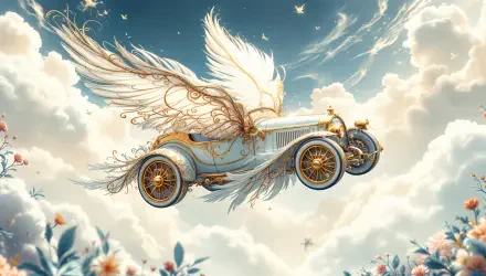 A whimsical flying car with elegant wings soars through fluffy clouds, surrounded by soft light and floral accents, showcased as a stunning 4K Ultra HD desktop wallpaper.