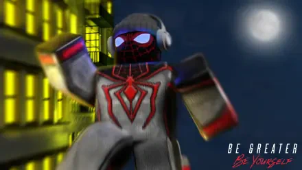 Roblox Spider-Man in a Marvel-inspired suit with headphones leaps past lit skyscrapers under a full moon — HD PC desktop wallpaper with PlayStation branding.