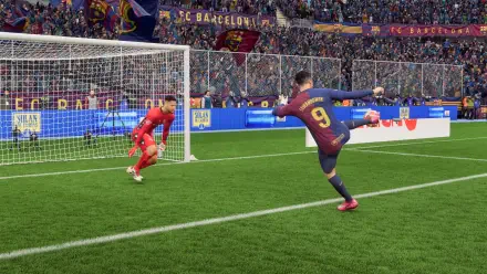 A dynamic scene from EA SPORTS FC 25 features a player in a Barcelona kit preparing to take a penalty kick, set against an energetic stadium backdrop in 4K Ultra HD.